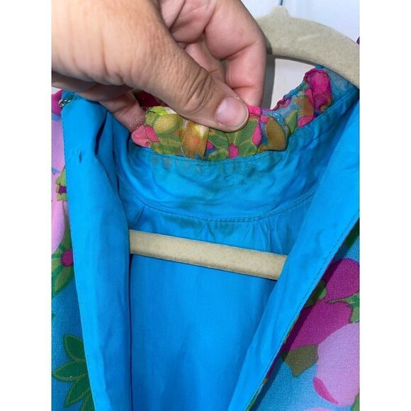 Vintage Floral Maxi Dress Size Small Pink Blue Ruffle Trim High Neck Tiered - Picture 5 of 16